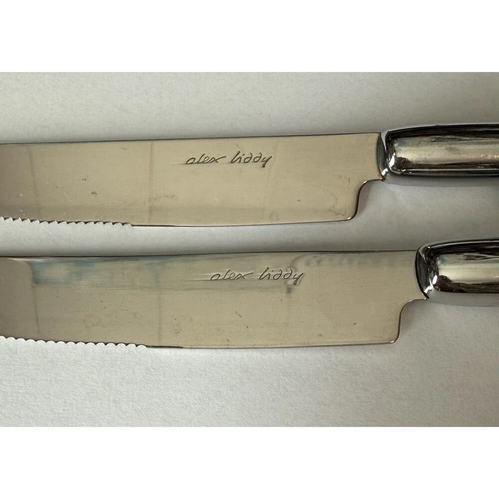 Two Alex Liddy Serrated Steak Knives With Navy Blue Resin Handles